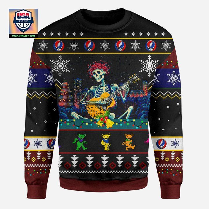 Grateful Dead Skull Skeleton Play Guitar Ugly Christmas 3D Printed Sweater