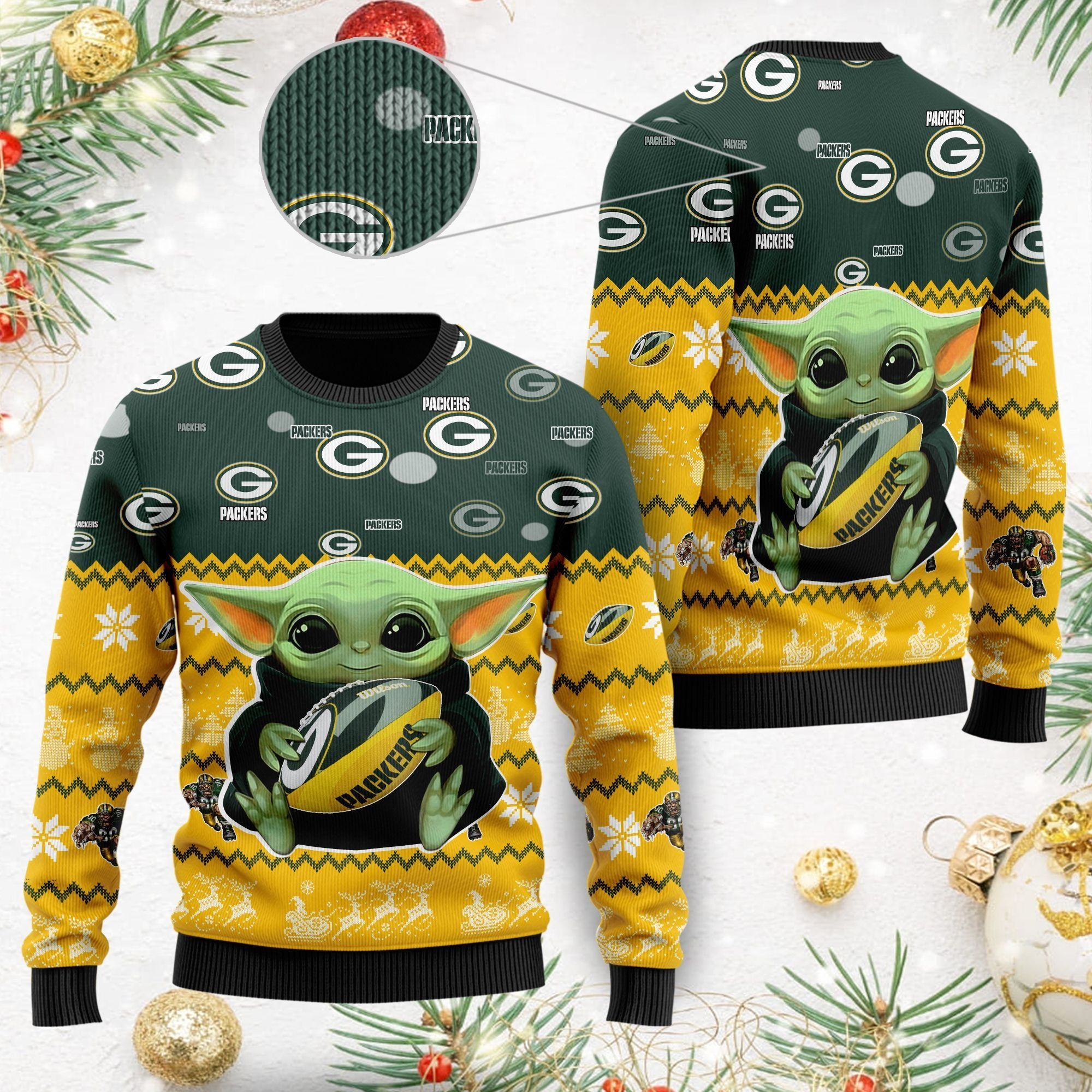 Green Bay Packers Baby Yoda Ugly Christmas Sweater For American Football Fans