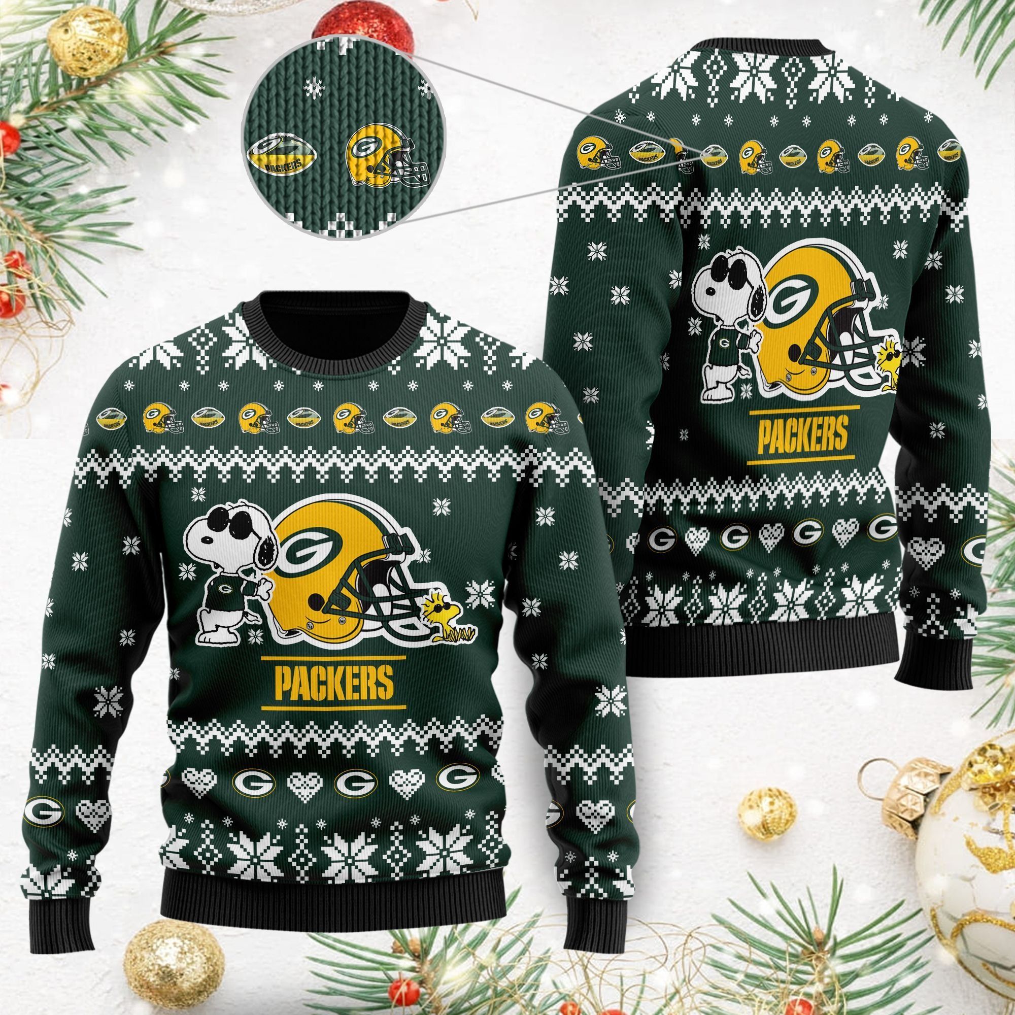 Green Bay Packers Cute The Snoopy Show Football Helmet 3D All Over Print Ugly Christmas Sweater For American Football Players And Fans On Christmas Days