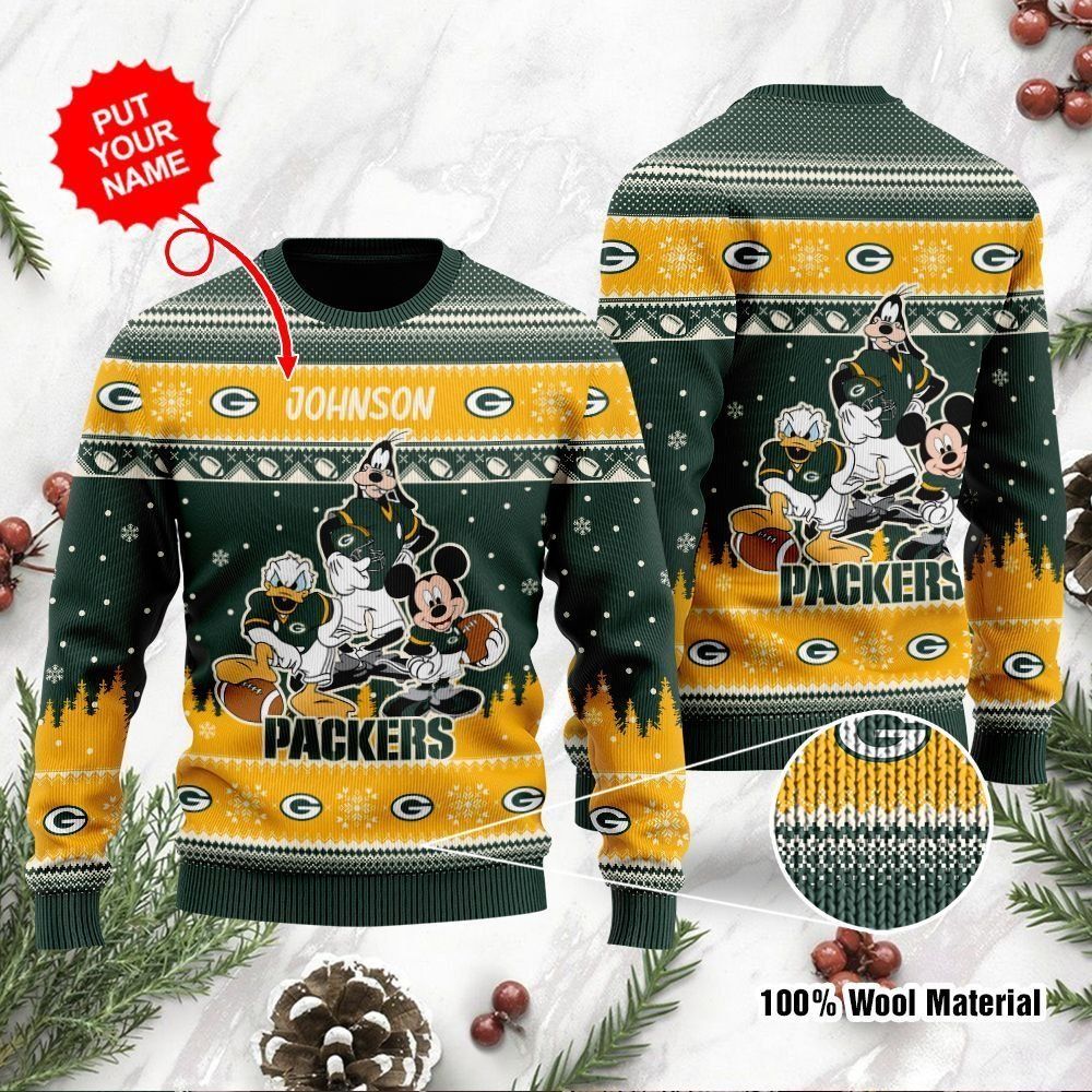 Green Bay Packers Disney Donald Duck Mickey Mouse Goofy Custom Name Personalized Ugly Christmas Sweater Holiday Party For Men Women