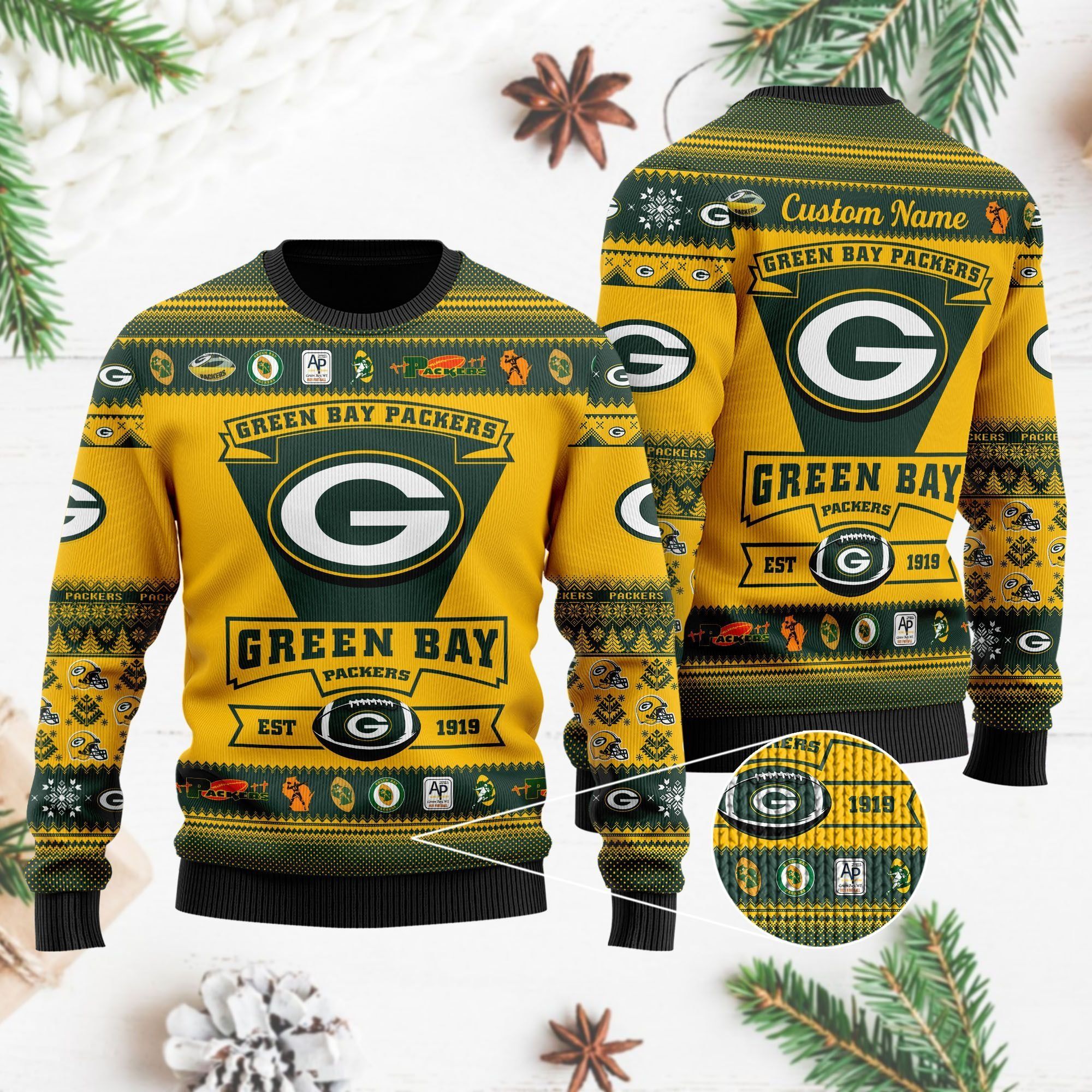 Green Bay Packers Football Team Logo Custom Name Personalized Ugly Christmas Sweater Holiday Party Men Women Plus Size