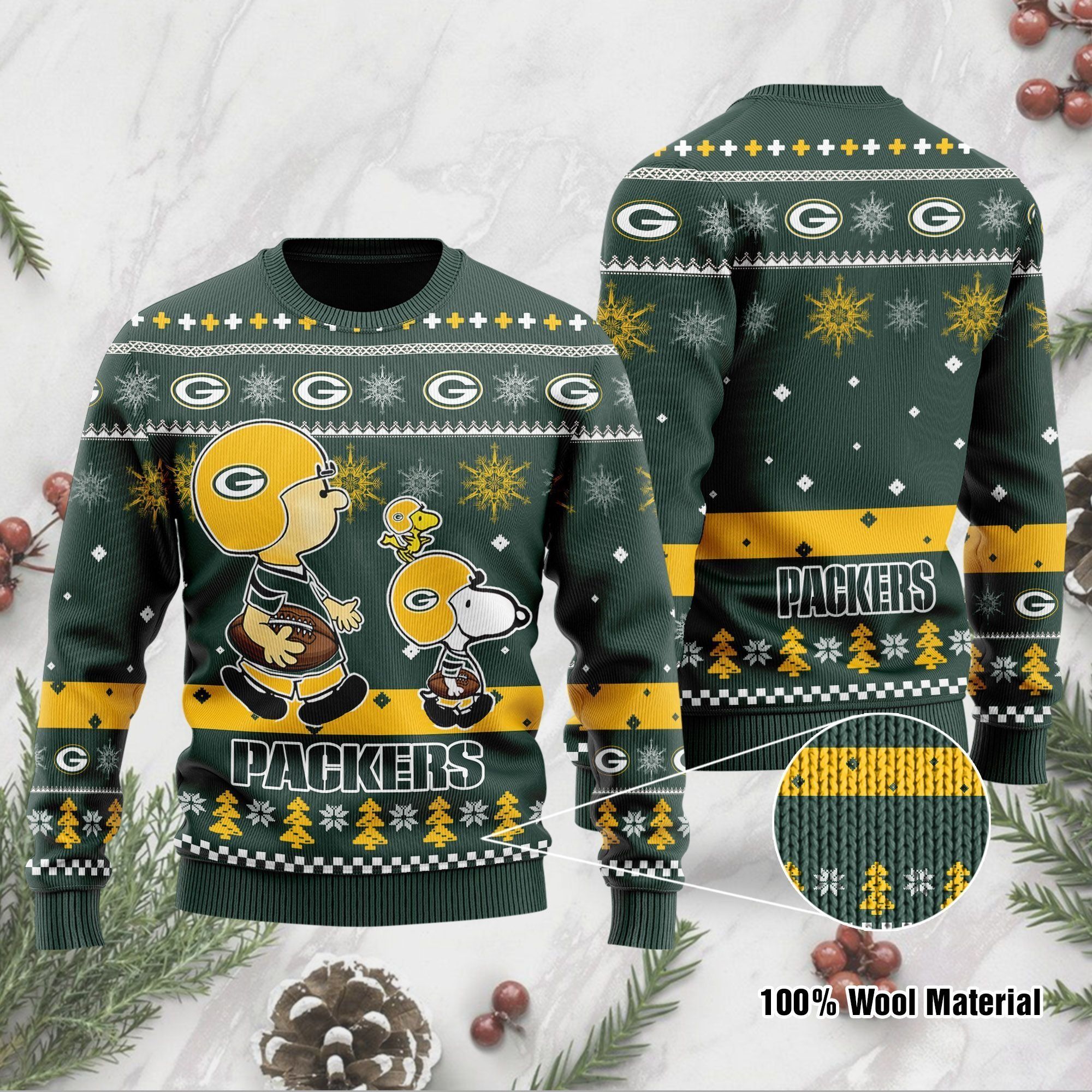 Green Bay Packers Funny Charlie Brown Peanuts Snoopy Ugly Christmas Sweater Holiday Party Men Women Plus Size