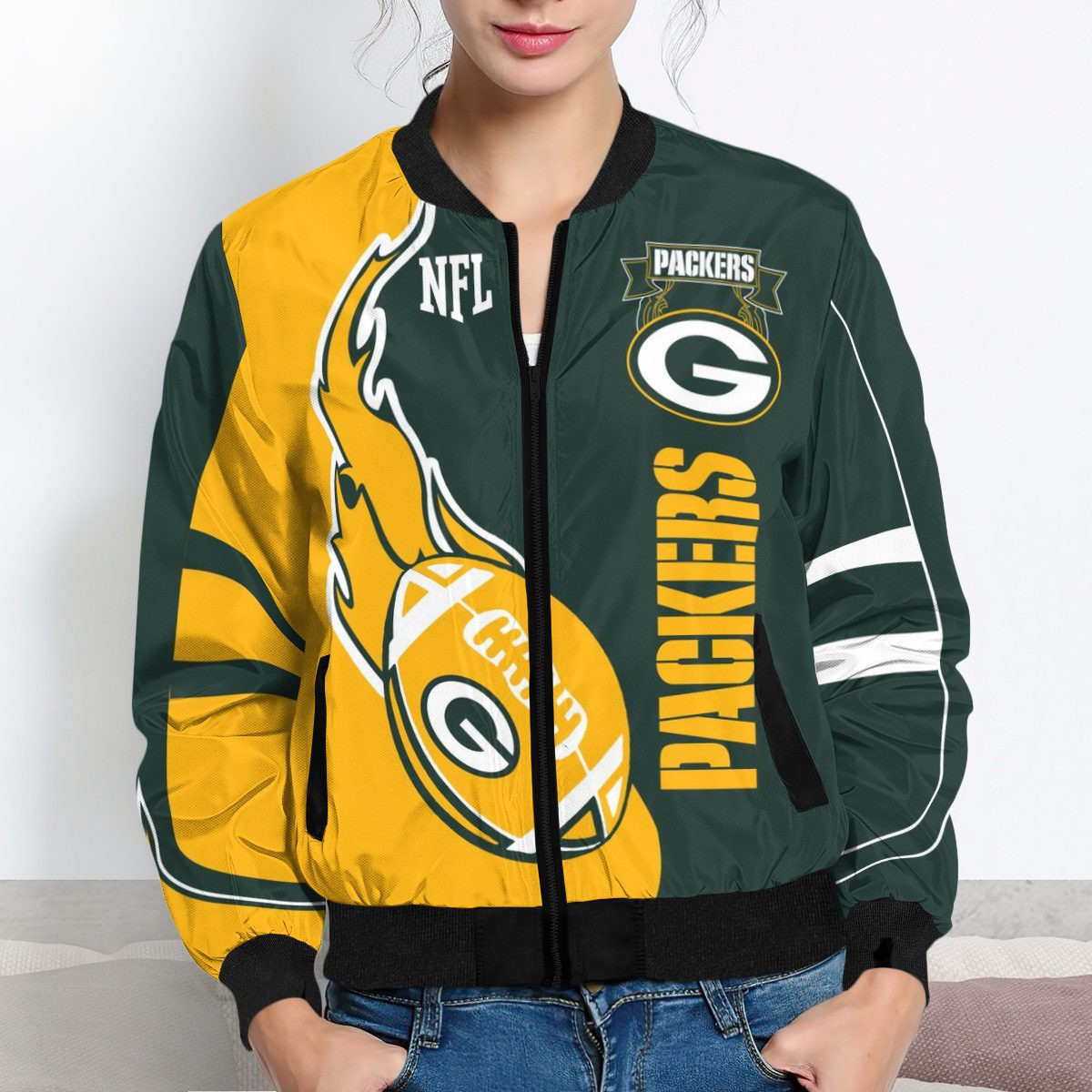 Green Bay Packers Gold Green Bomber Jacket | NFL Team Jacket for Men & Women | Football Fan Gift - Image 4