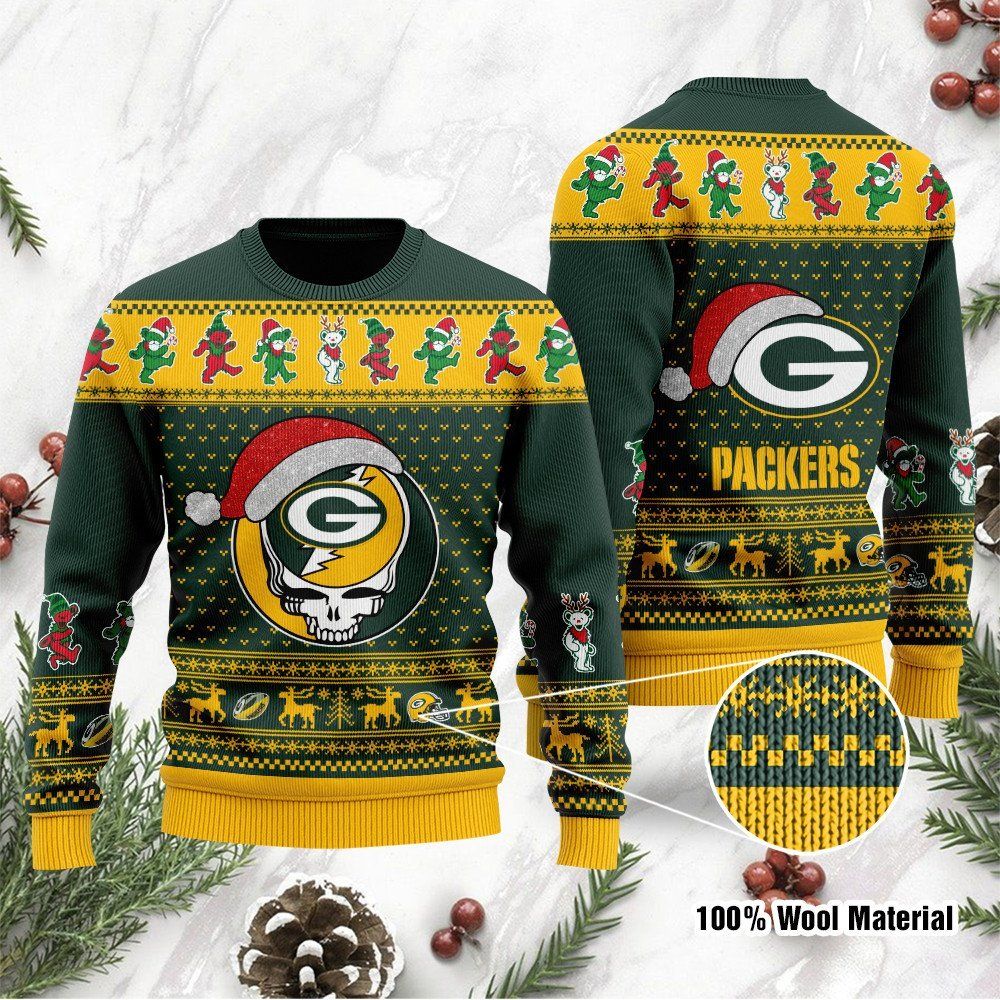 Green Bay Packers Grateful Dead SKull And Bears Custom Name Ugly Christmas Sweater NFL Football Christmas