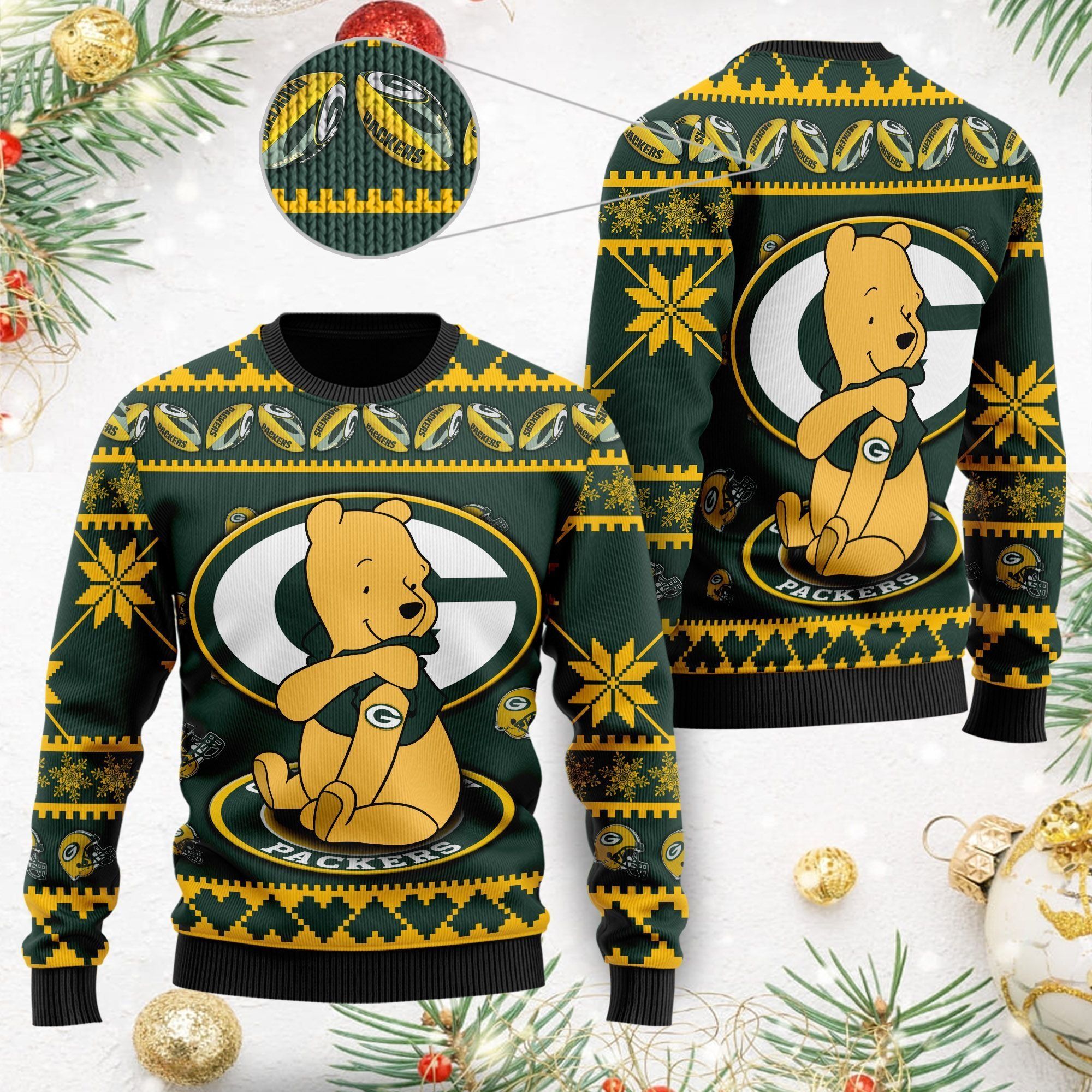Green Bay Packers NFL American Football Team Logo Cute Winnie The Pooh Bear 3D Ugly Christmas Sweater