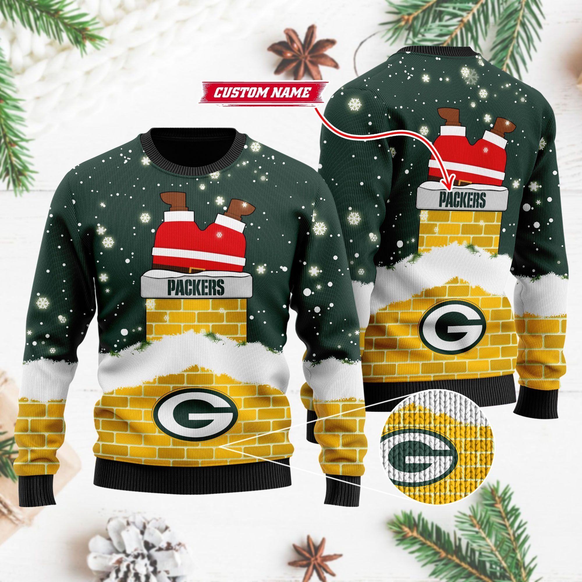 Green Bay Packers NFL Football Team Logo Symbol Santa Claus Custom Name Personalized 3D Ugly Christmas Sweater