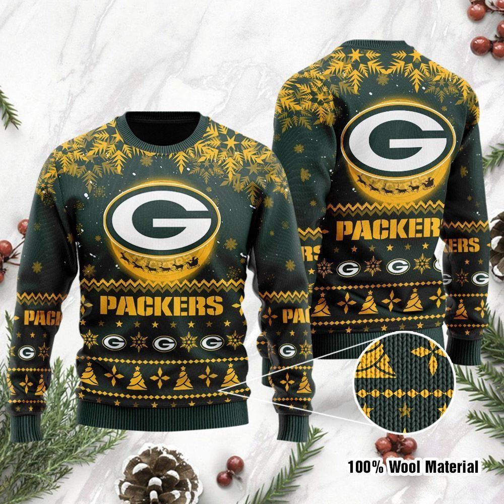 Green Bay Packers Santa Claus In The Moon Ugly Christmas Sweater Holiday Party For Men Women
