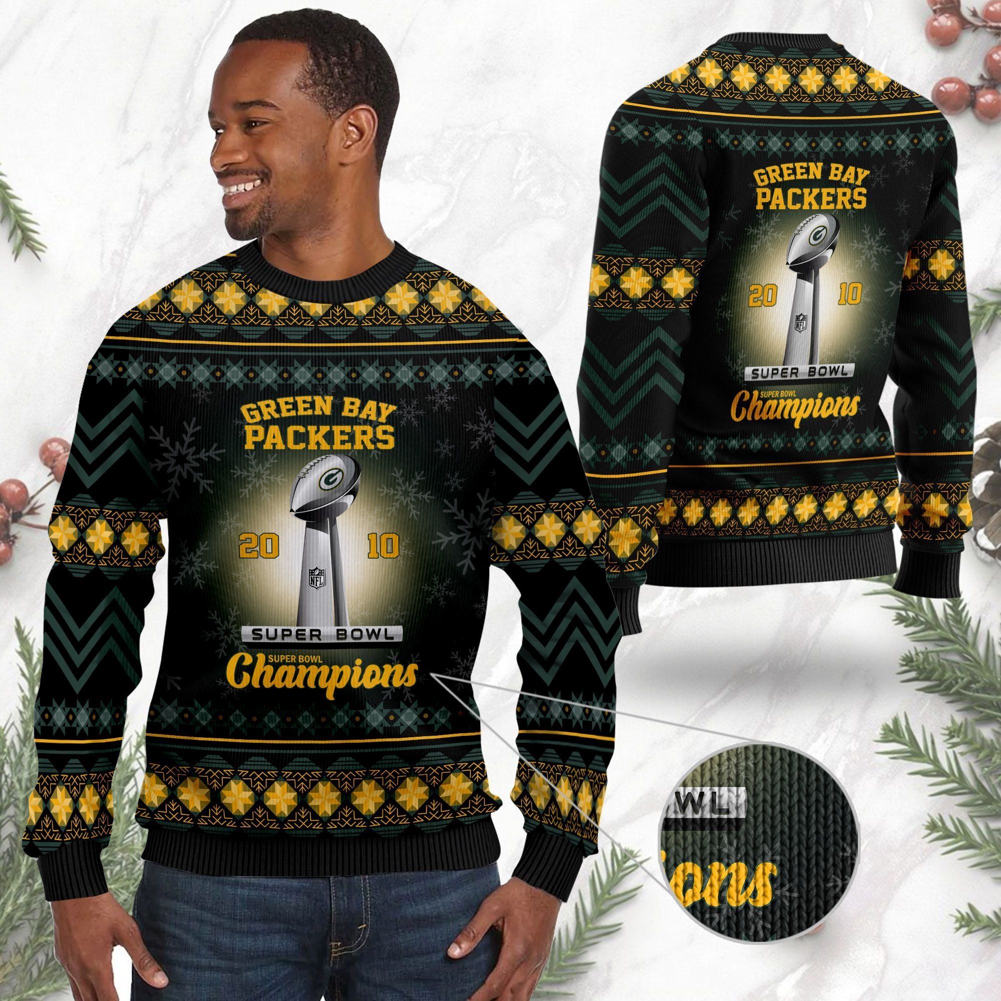 Green Bay Packers Super Bowl Champions NFL Cup Ugly Christmas Sweater