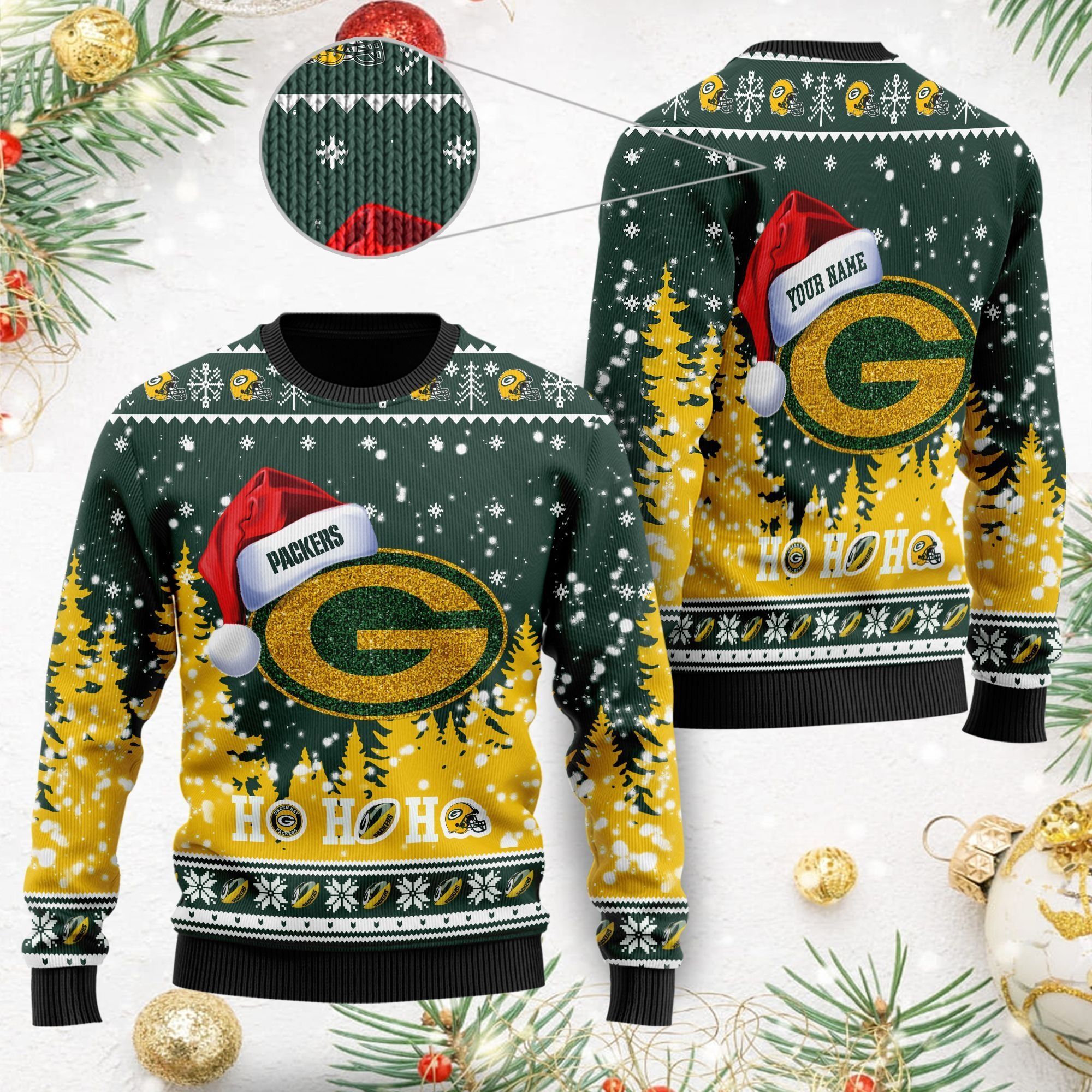 Green Bay Packers Symbol Wearing Santa Claus Hat Cute Pattern Ho Ho Ho Custom Personalized Ugly Christmas Sweater For Football Fans On Xmas Party