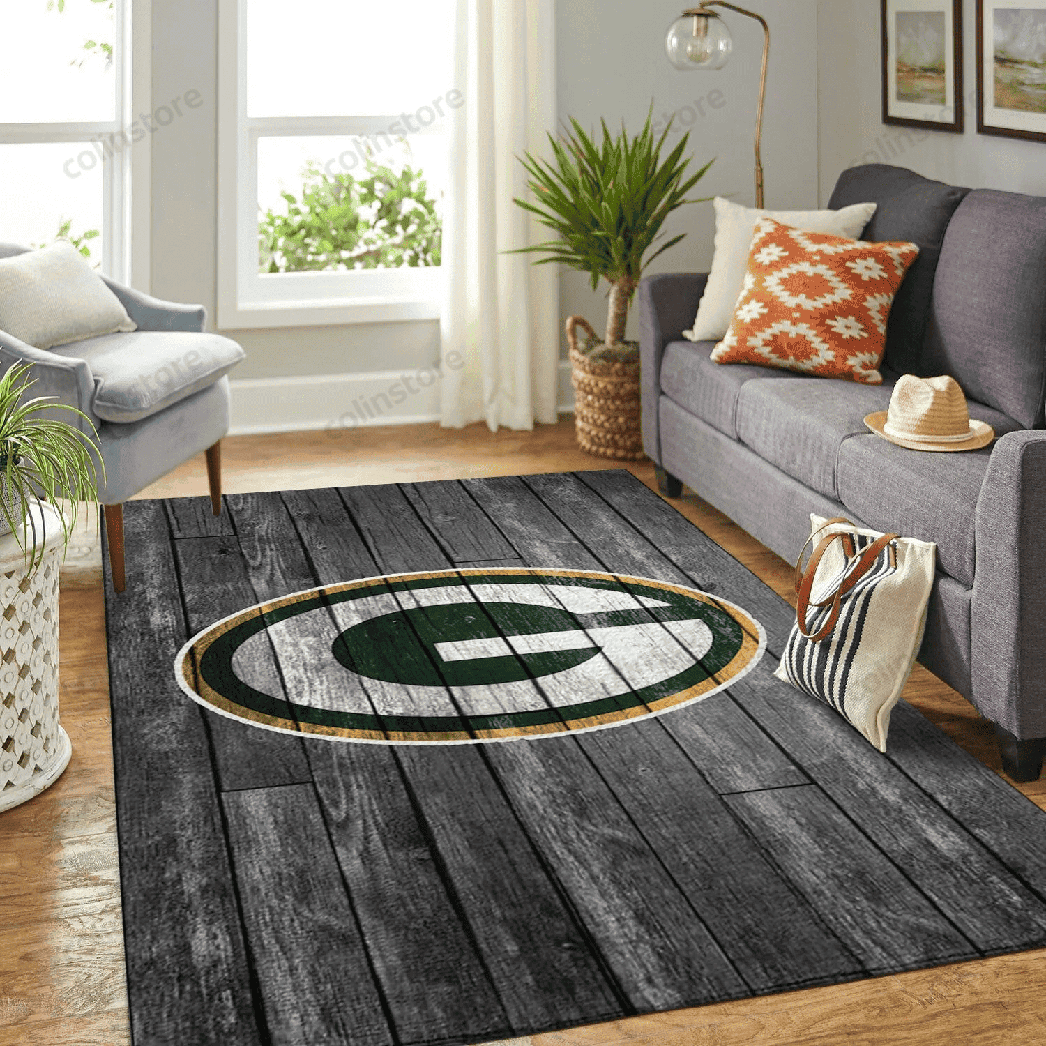 Green Bay Packers Team Logo Grey Wooden Rectangle Area Rug – Full Print Carpet For Living Room & Bedroom Home Decor