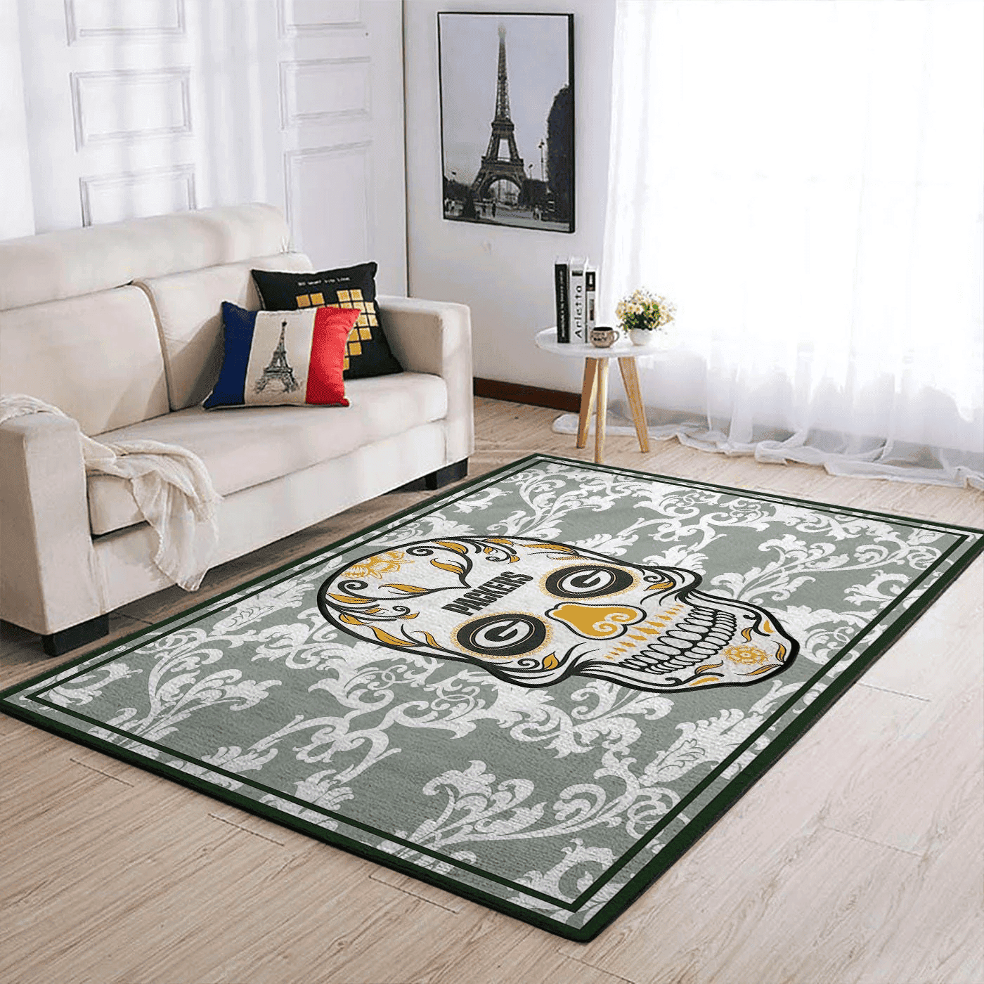 Green Bay Packers Team Logo Skull Flower Rectangle Area Rug – Full Print Carpet For Living Room & Bedroom Home Decor