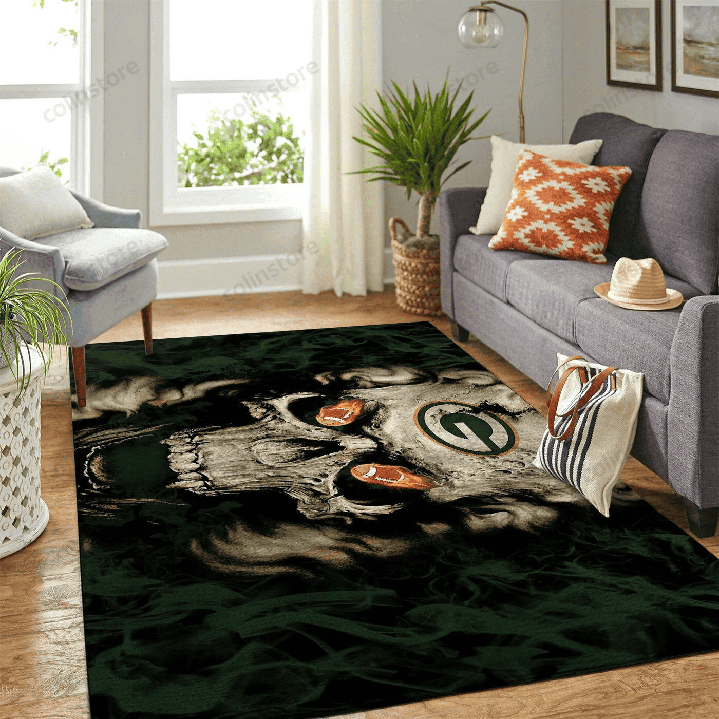 Green Bay Packers Team Logo Skull Rectangle Area Rug – Full Print Carpet For Living Room & Bedroom Home Decor