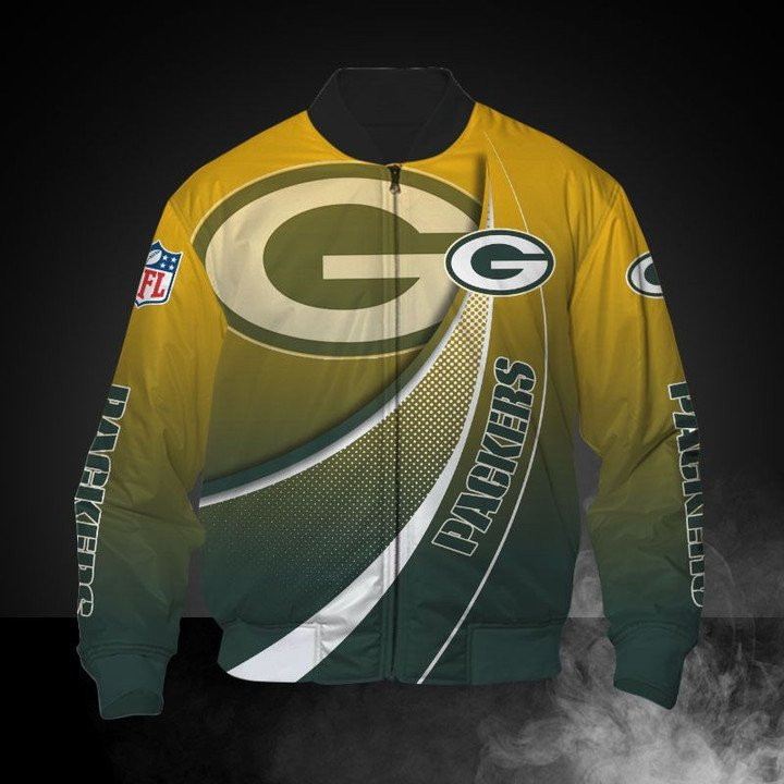 Green Bay Packers Yellow Big Logo Curve Bomber Jacket | NFL Team Jacket for Men & Women | Football Fan Gift