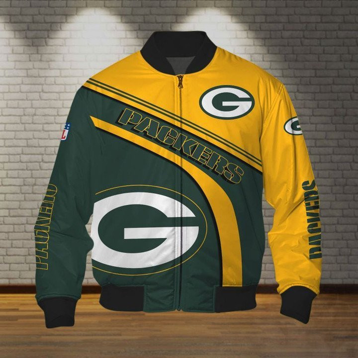 Green Bay Packers Yellow Green Big Logo Version Bomber Jacket | NFL Team Jacket for Men & Women | Football Fan Gift