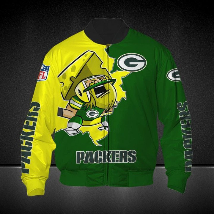 Green Bay Packers Yellow Green Cartoon Bring Chesse Bomber Jacket | NFL Team Jacket for Men & Women | Football Fan Gift