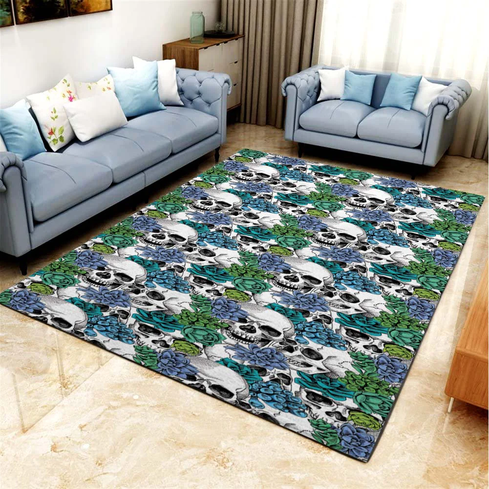 Green Blue Flowers Skull Pattern Print Kitchen Rectangle Area Rug – Full Print Carpet For Living Room & Bedroom Home Decor