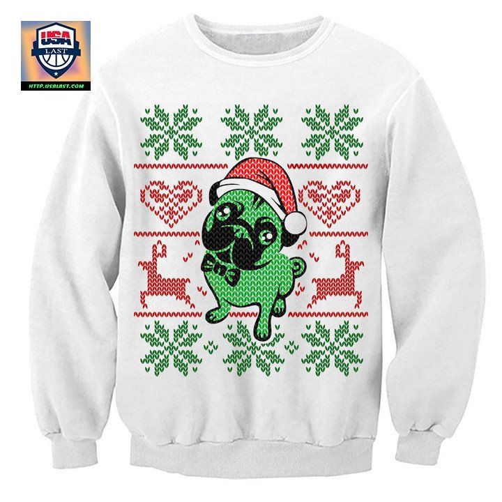 Green Pug In Christmas Hat Graphic Unisex T Shirt Sweater