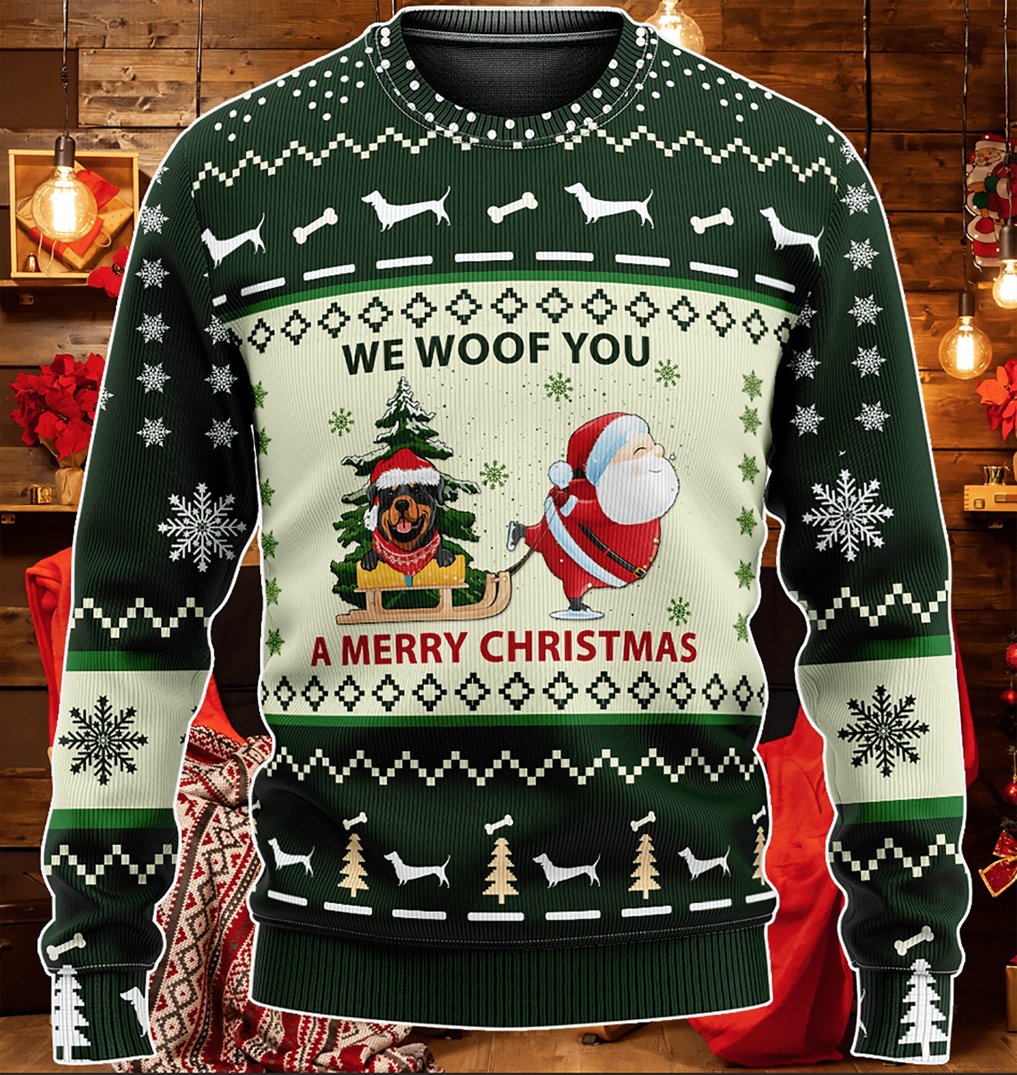 Green Red Rottweiler We Woof You A Merry Christmas Ugly Christmas Sweater