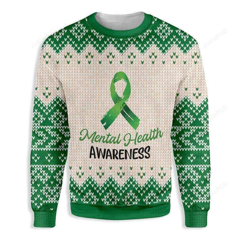 Green Ribbon Mental Health Awareness Ugly Christmas Sweater, Perfect Holiday Gift