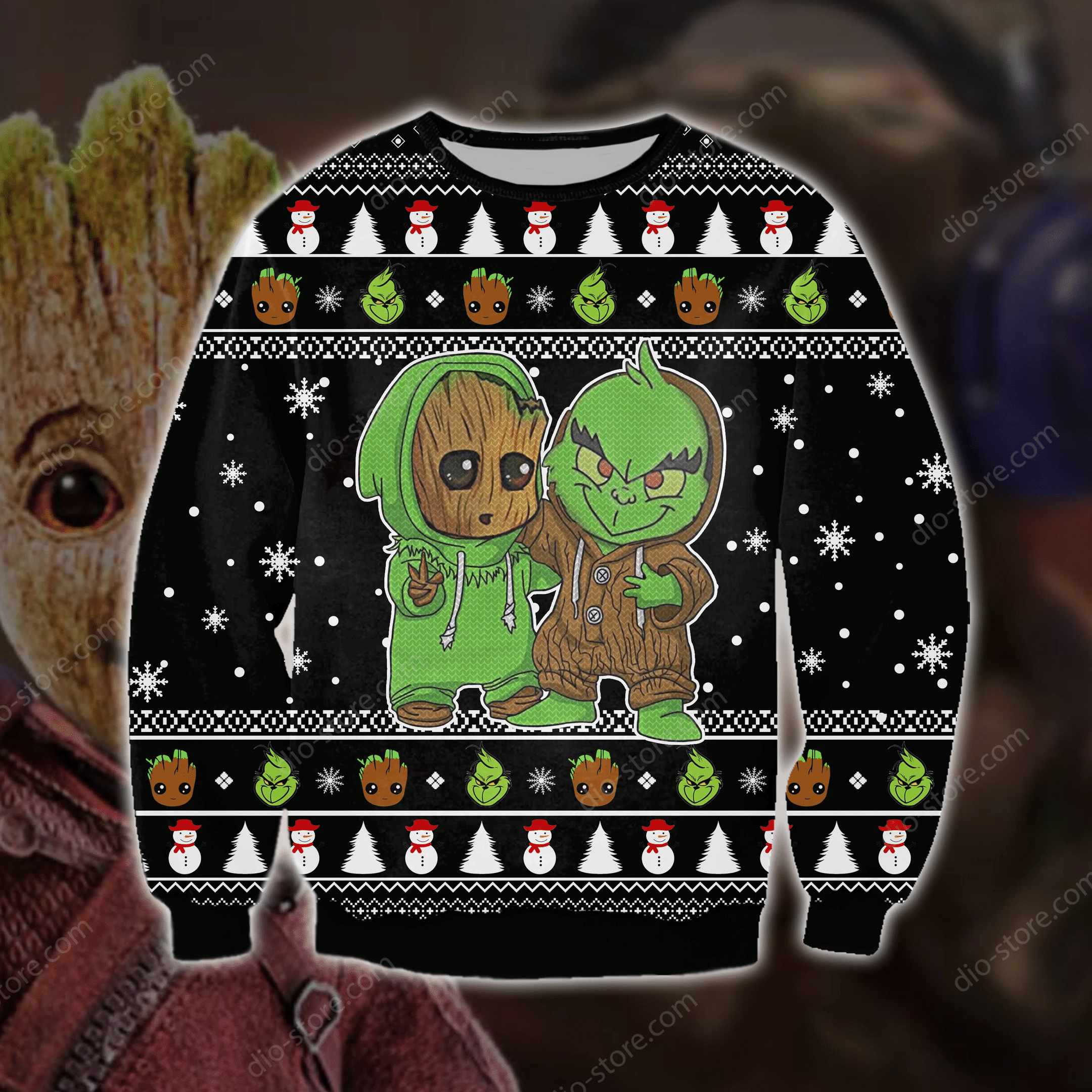Groot And Grinch Funny Knitting Pattern 3D Print Ugly Christmas Sweater