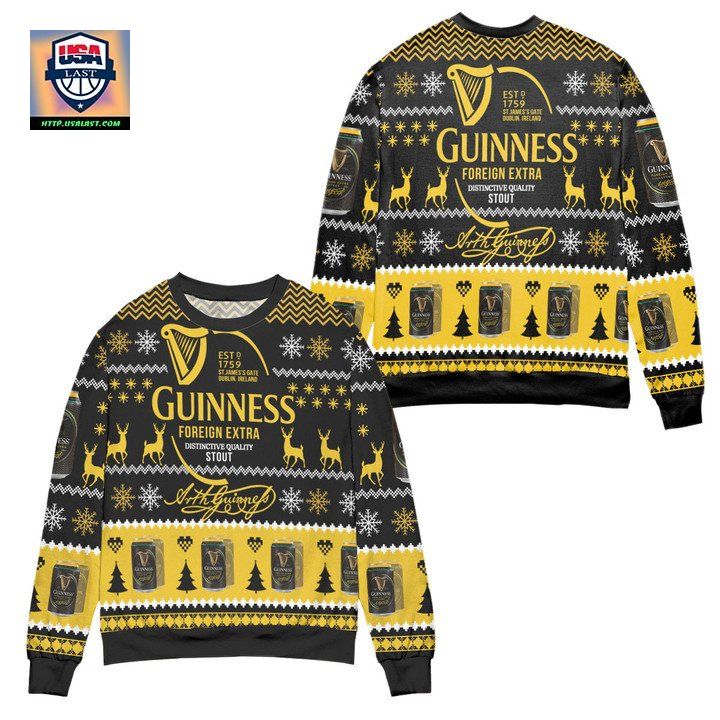 Guinness Foreign Extra Stout Christmas Pattern Ugly Christmas Sweater Black Yellow