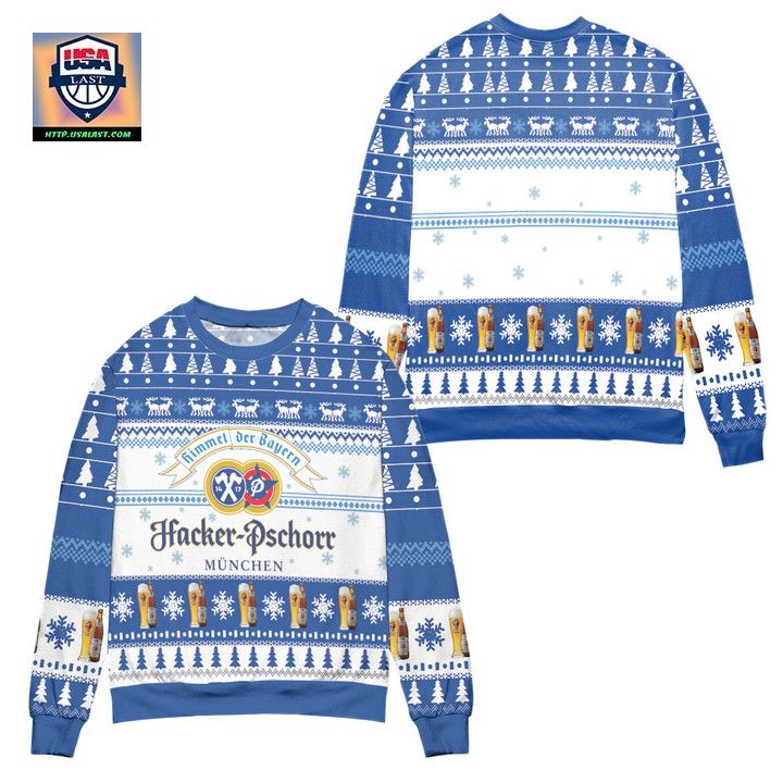 Hacker-Pschorr Brewery Pine Tree Pattern Ugly Christmas Sweater Blue White
