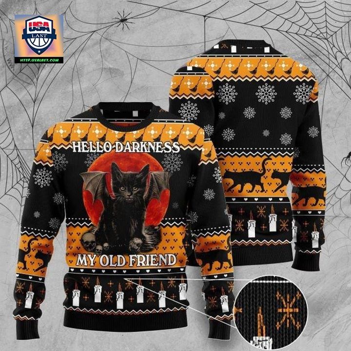 Halloween Black Cat Hello Darkness My Old Friend Ugly Christmas Sweater For Men Women Adult