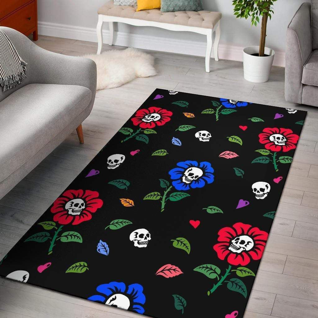 Halloween Gothic Summerween Skull Daisy Floral 3D Rectangle Area Rug – Full Print Carpet For Living Room & Bedroom Home Decor