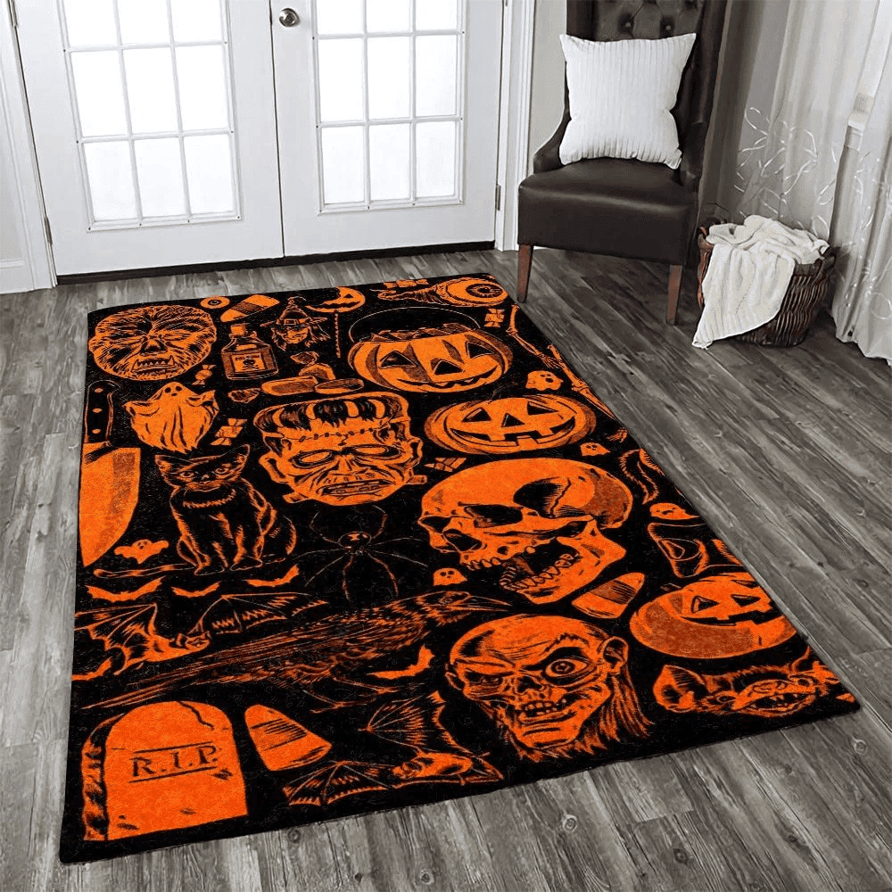 Halloween Scary Skull Pumpkin Pattern In Orange 3D Rectangle Area Rug – Full Print Carpet For Living Room & Bedroom Home Decor