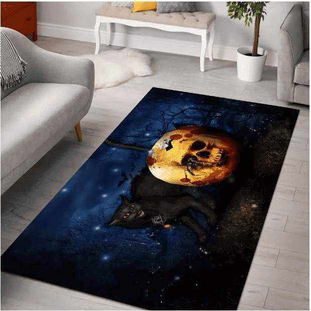 Halloween Skull Black Cat In Space 3D Rectangle Area Rug – Full Print Carpet For Living Room & Bedroom Home Decor
