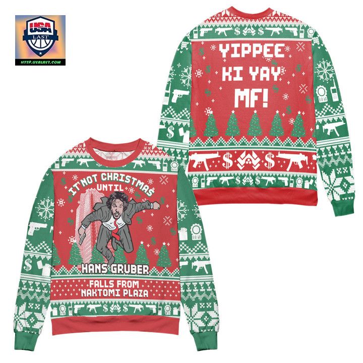 Hans Gruber Falls From Naktomi Plaza Die Hard Snowflake Pattern Ugly Christmas Sweater Red Green