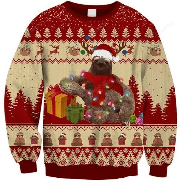 Happy Sloth With Christmas Gift Ugly Christmas Sweater, Perfect Holiday Gift