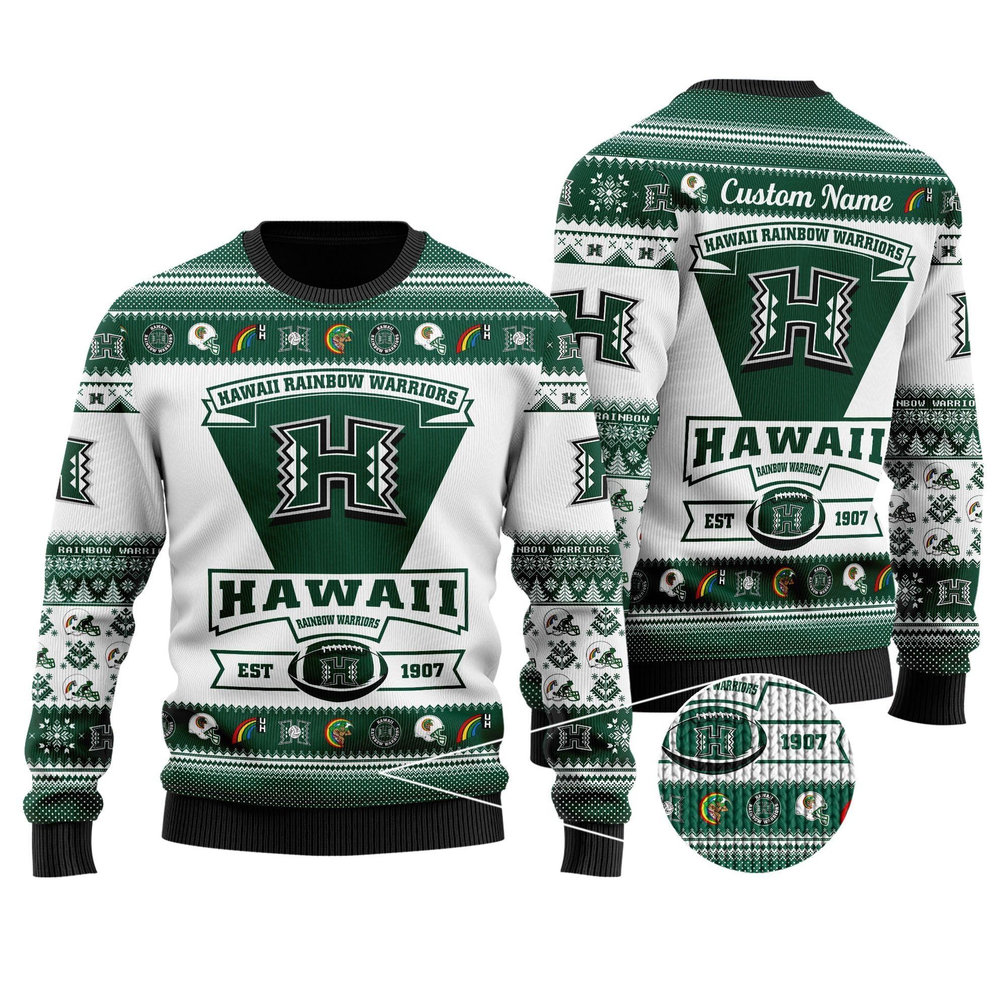 Hawaii Rainbow Warriors Football Team Logo Custom Name Personalized Ugly Christmas Sweater Holiday Party Men Women Plus Size