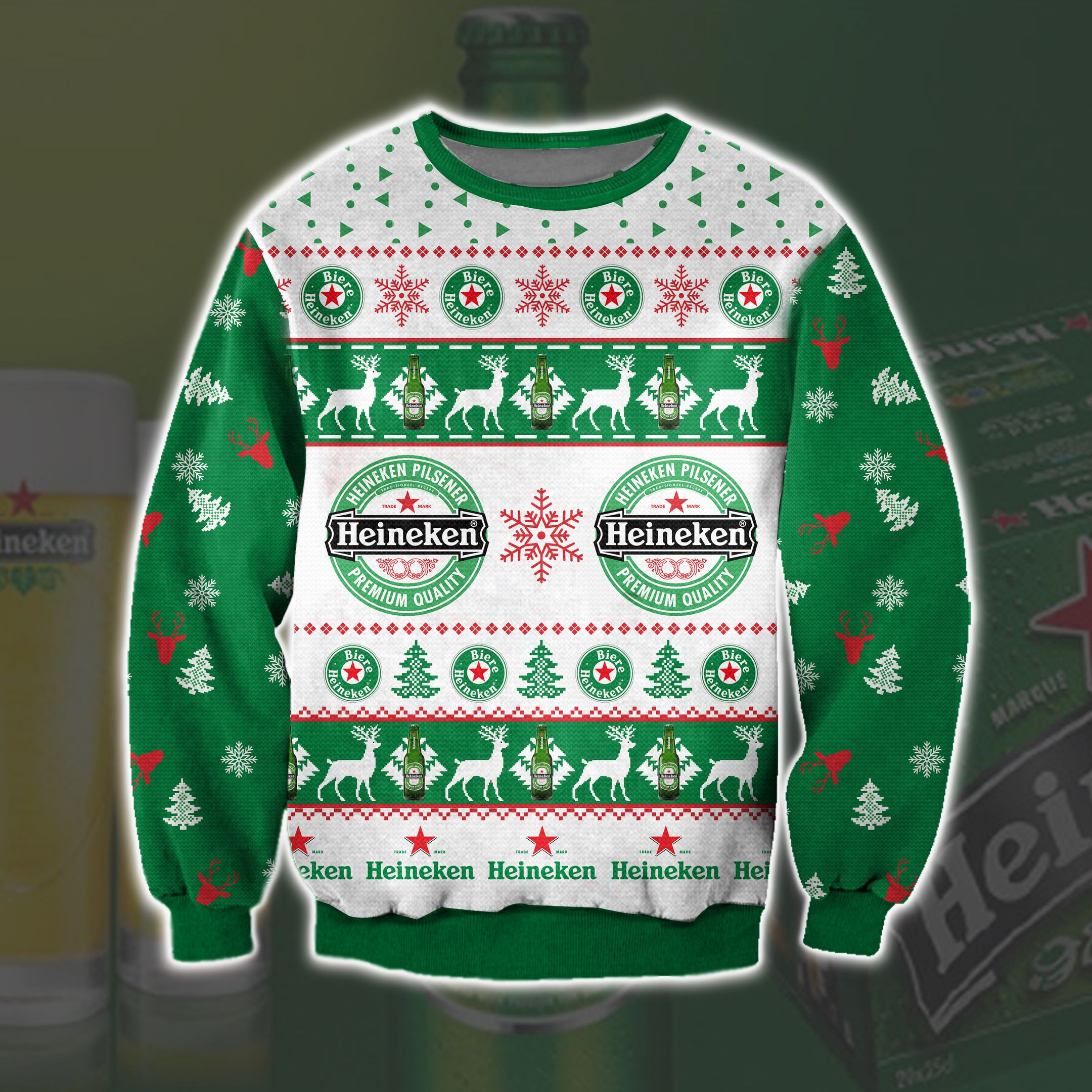 Heineken Beer Knitting Pattern 3D Print Ugly Christmas Sweater