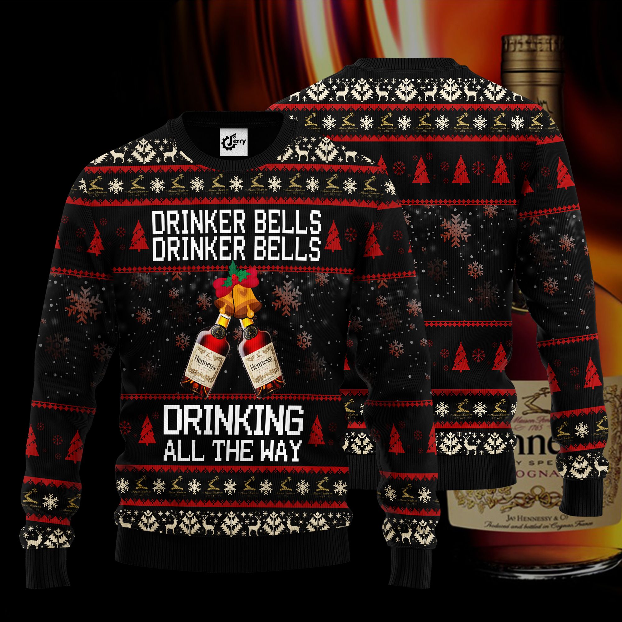 Hennessy Drinker Bells Drinker Bells Drinking All The Way Ugly Christmas Sweater