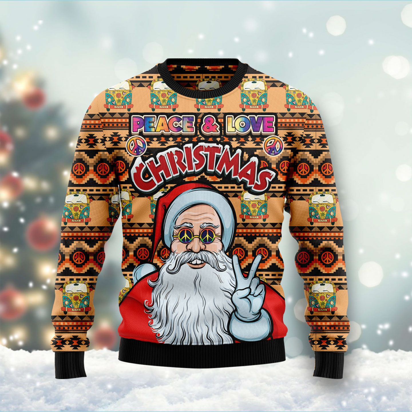 Hippie Santa Claus Peace And Love Ugly Christmas Sweater, Perfect Holiday Gift