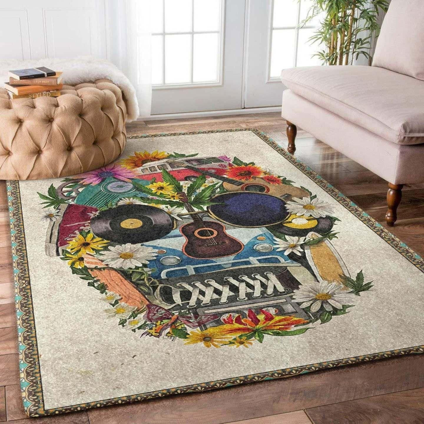 Hippie Skull Tn2609082m 3D Rectangle Area Rug – Full Print Carpet For Living Room & Bedroom Home Decor