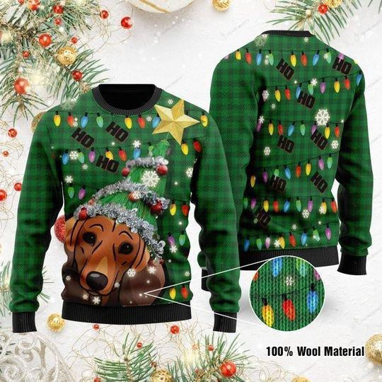 Ho Ho Ho Dachshund Christmas Tree Ugly Christmas Sweater, Perfect Holiday Gift