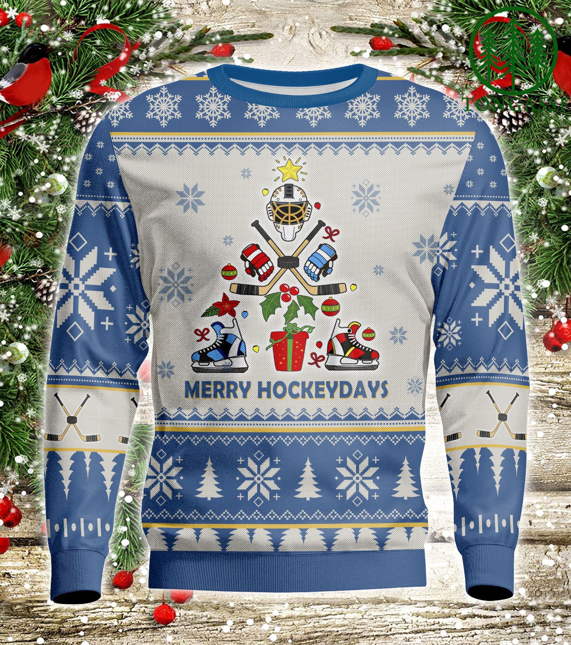 Hockey Blue Christmas Tree Ugly Christmas Sweater