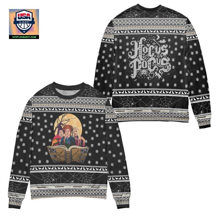 Hocus Pocus Spider Web Snowflake Pattern Ugly Christmas Sweater Black