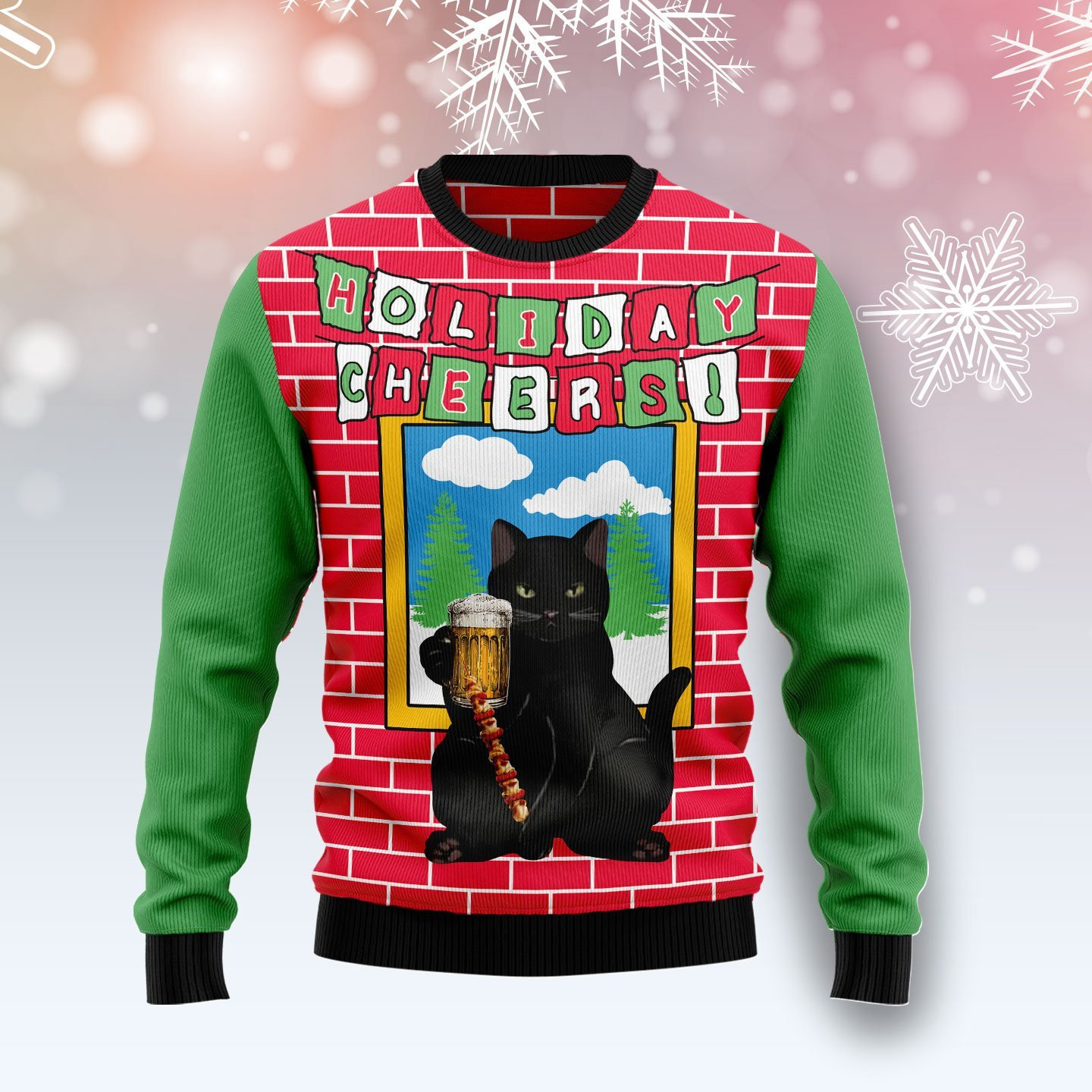 Holiday Cheer Black Cat Beer Ugly Christmas Sweater, Perfect Holiday Gift