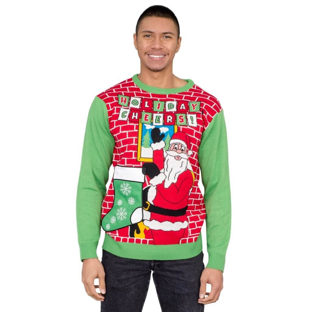 Holiday Cheers! Santa With Beer Holder Stocking For Unisex Ugly Christmas Sweater,