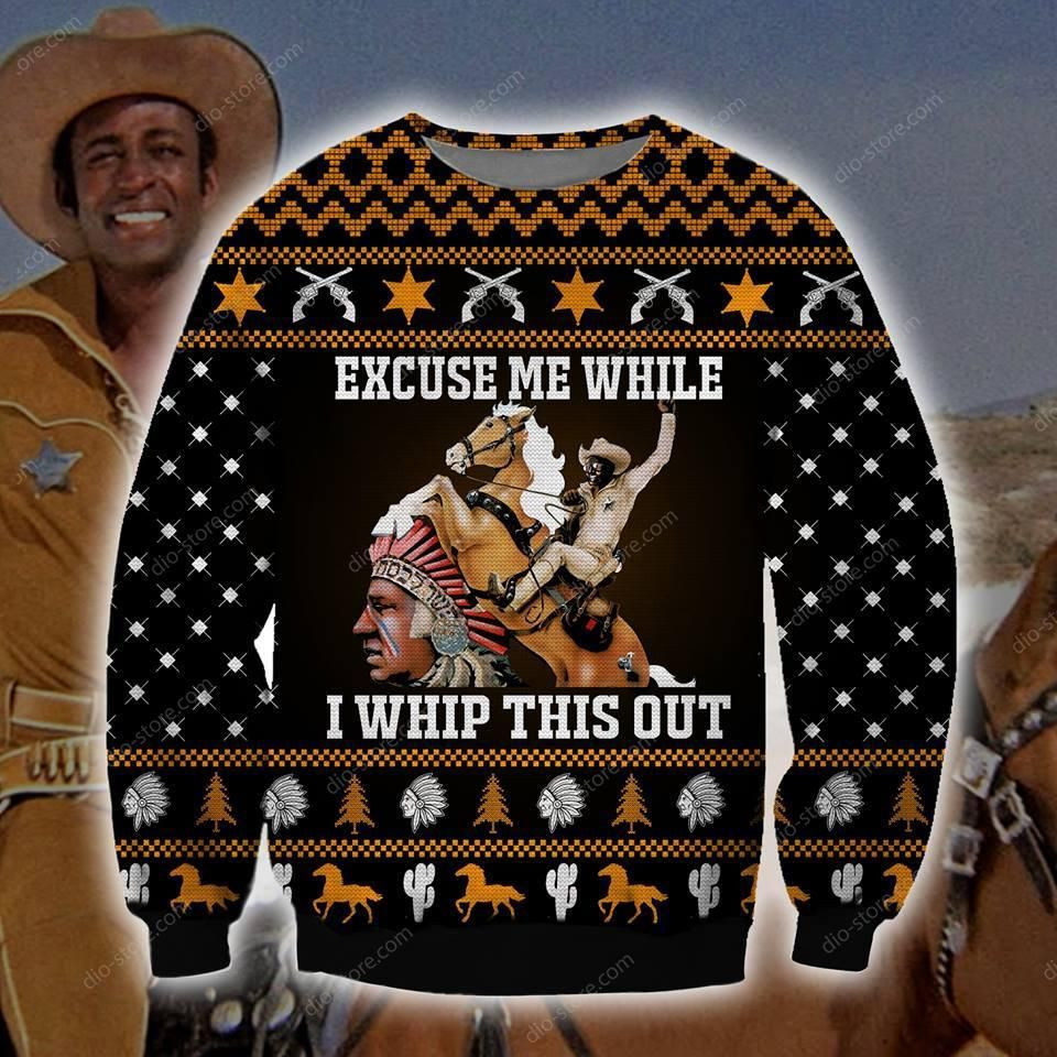 Horse American Ethnic Trible Excuse Me While I Whip This Out Cleavon Little Knitting Ugly Christmas Sweater,