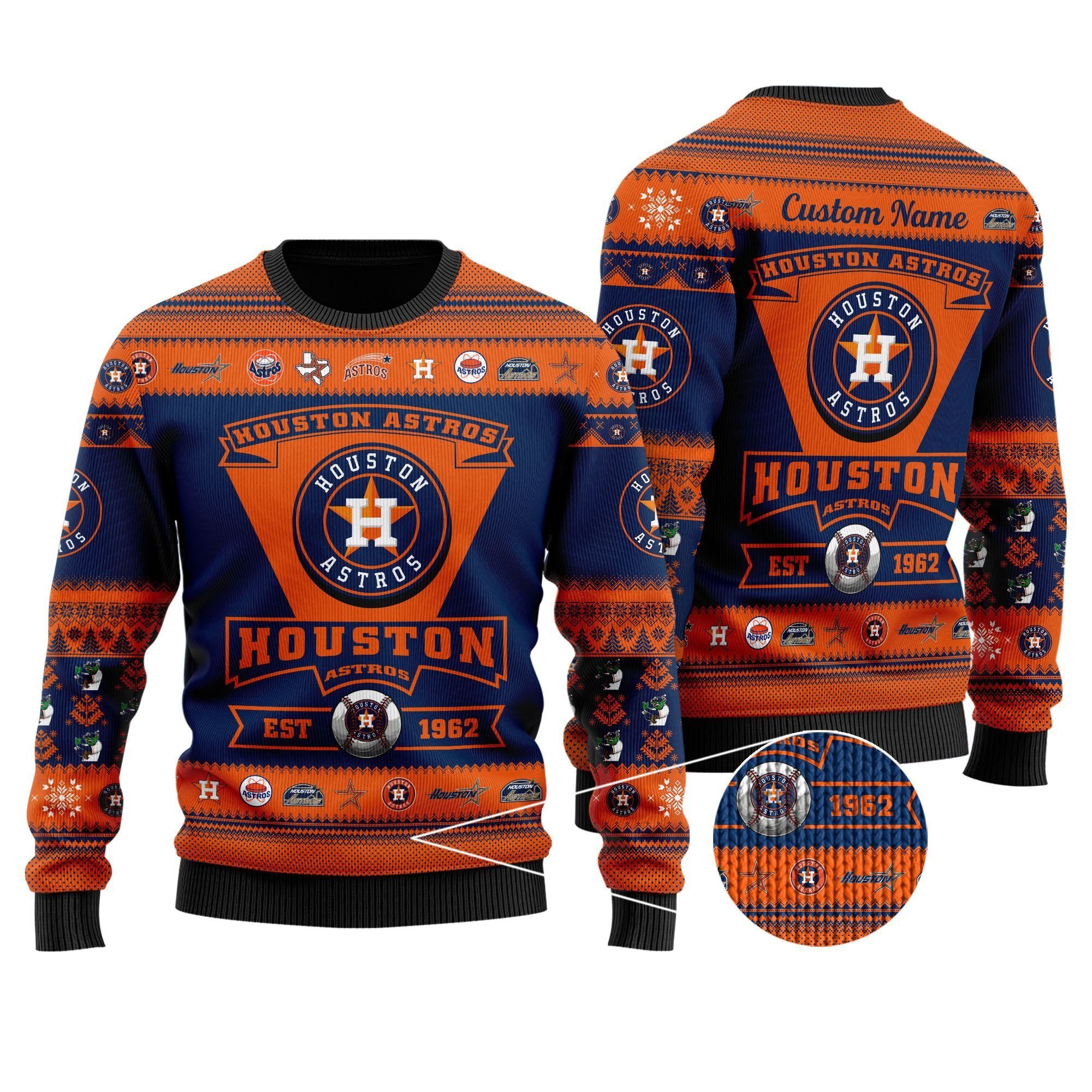 Houston Astros Football Team Logo Custom Name Personalized Ugly Christmas Sweater Holiday Party Men Women Plus Size