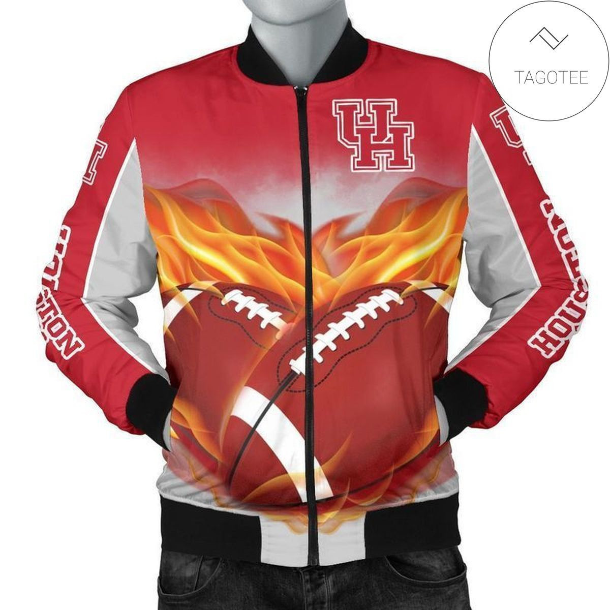 Houston Cougars Flame Ball Bomber Jacket | NCAA College Team Jacket for Men & Women | Sports Fan Gift