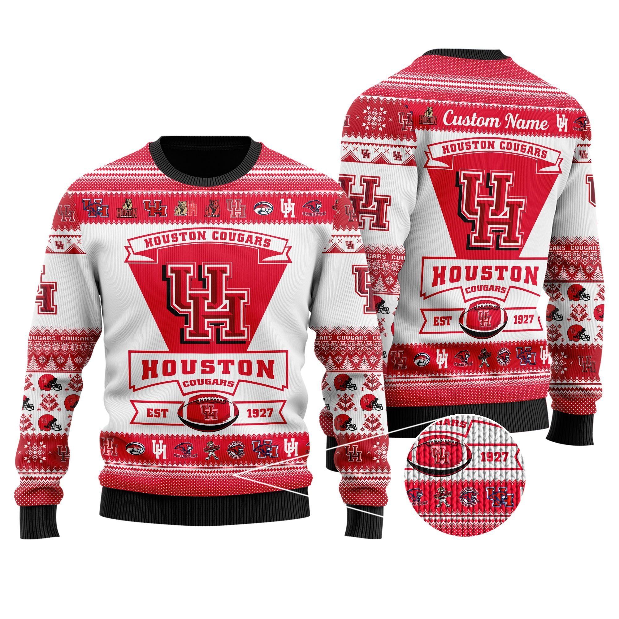 Houston Cougars Football Team Logo Custom Name Personalized Ugly Christmas Sweater Holiday Party Men Women Plus Size