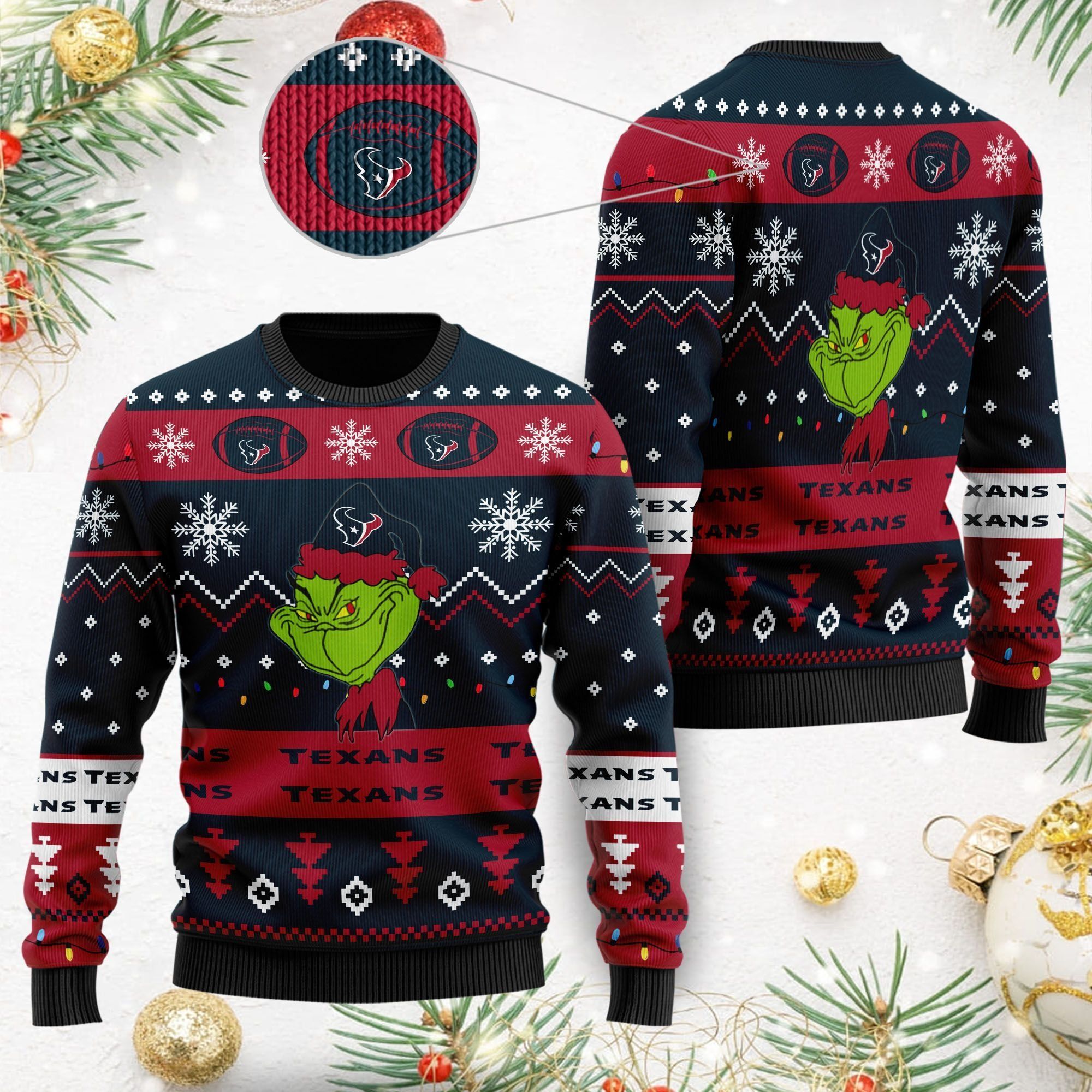 Houston Texans American NFL Football Team Logo Cute Grinch 3D Men And Women Ugly Christmas Sweater For Sport Lovers On Christmas Days