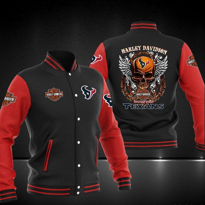 Houston Texans Black Red Skull Varsity Baseball Jacket for Men & Women | NFL Team Fan Gift