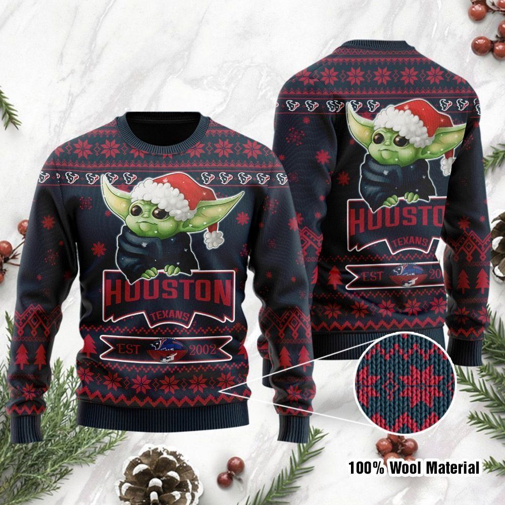 Houston Texans Cute Baby Yoda Grogu Ugly Christmas Sweater Holiday Party Men Women Full Plus Size