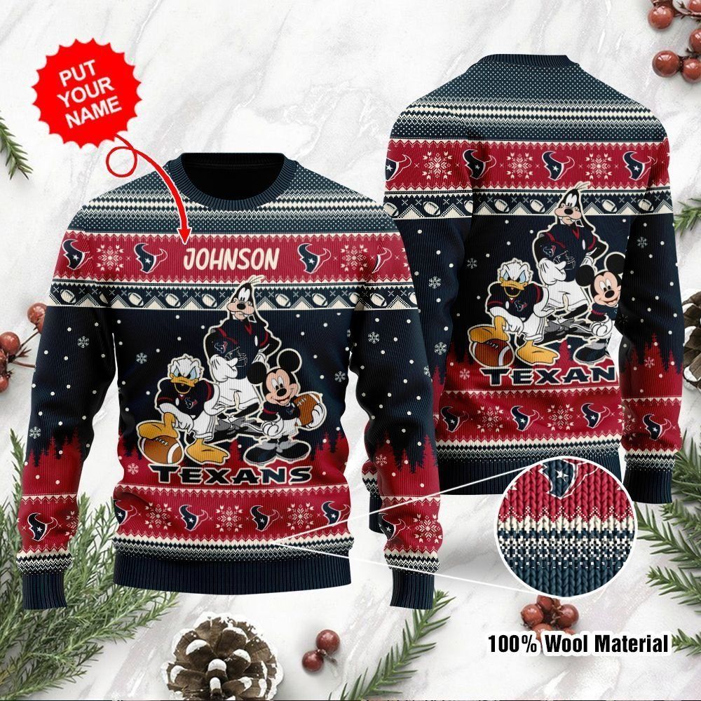 Houston Texans Disney Donald Duck Mickey Mouse Goofy Custom Name Personalized Ugly Christmas Sweater Holiday Party For Men Women